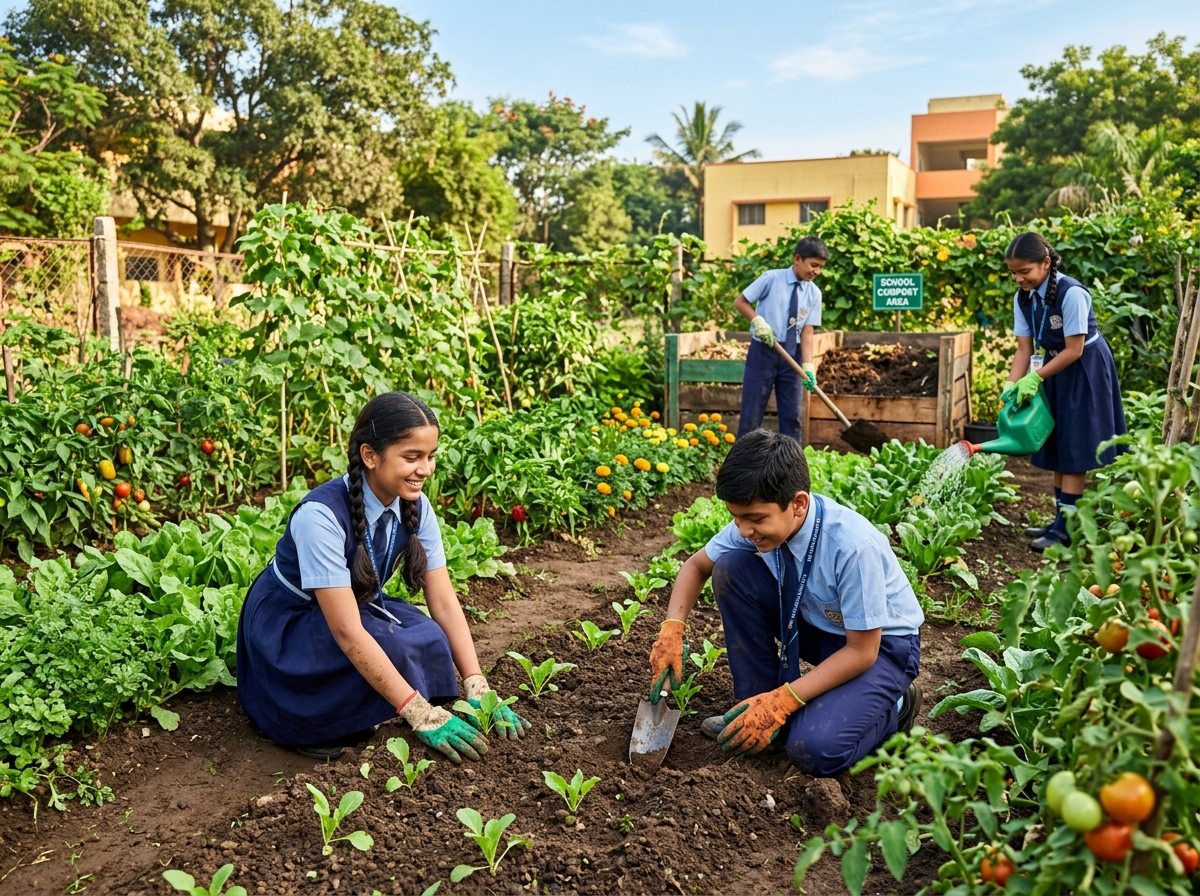 Sustainable Agriculture — Students working in school vegetable gardens