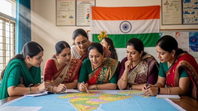 Indian teacher explaining a concept to students in a classroom