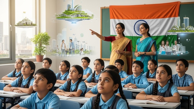 A group of happy Indian school children in uniform, representing the future of India